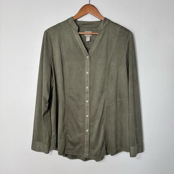 Chico's Green Faux Suede Split Neck Button Up Top Women Size 2 Long Sleeve - Picture 1 of 12
